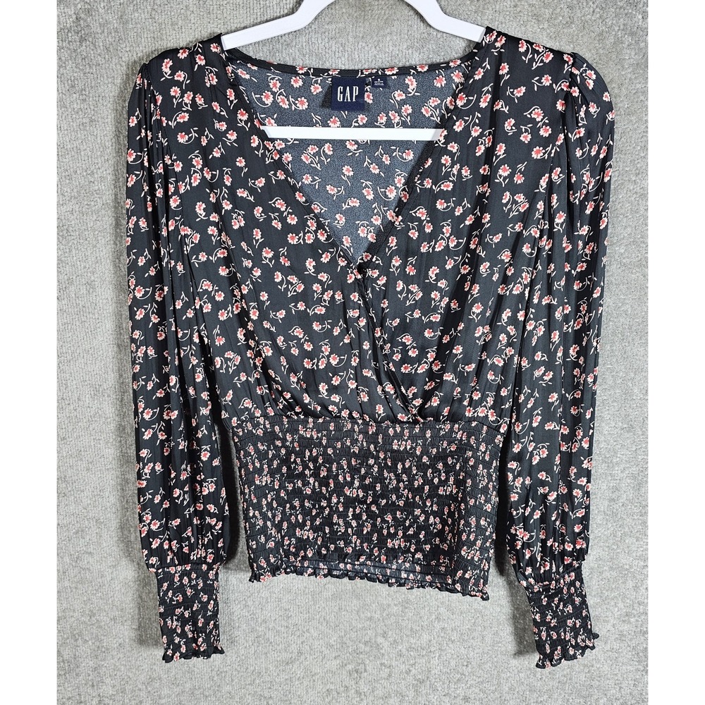 Gap Babydoll Smocked Wrap Top Womens Small Petite Black Red Floral Puff Sleeve